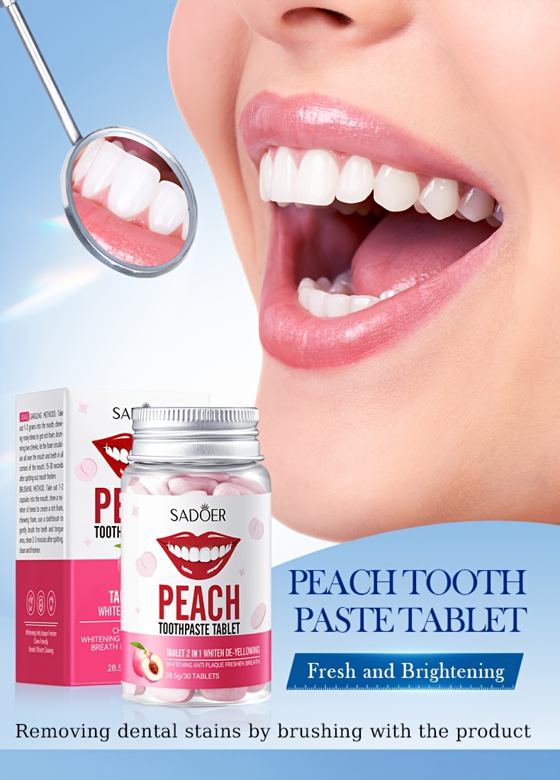 Peach Whitening Solid Toothpaste Tablets. Fresh breath, clean the mouth, and remove tooth stains by using this product. Brighten teeth.